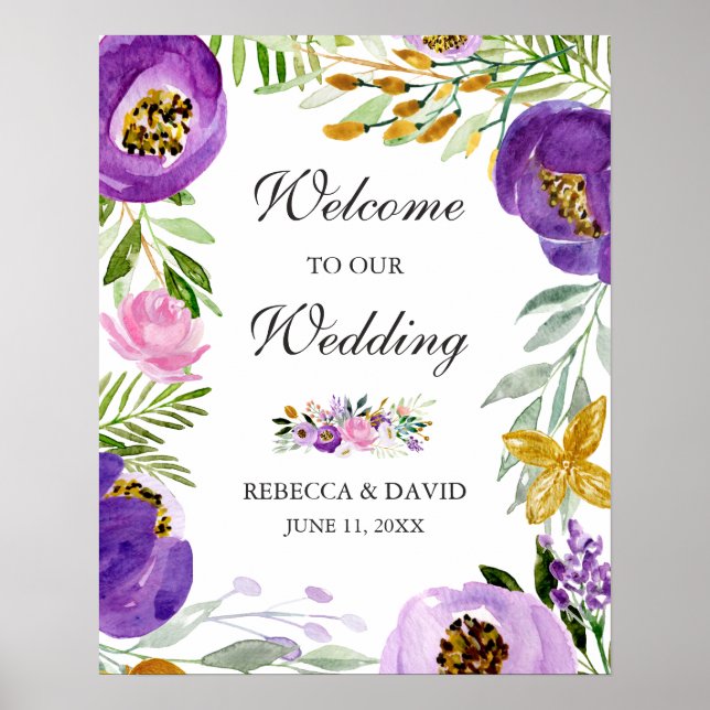 Ultraviolet Pink Gold Floral Wedding Welcome Sign (Front)