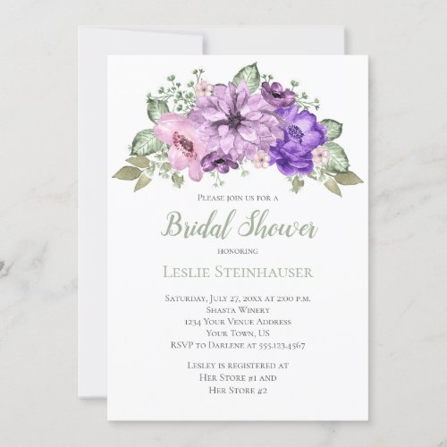 UltraViolet Purple Sage Green Floral Bridal Shower Invitation