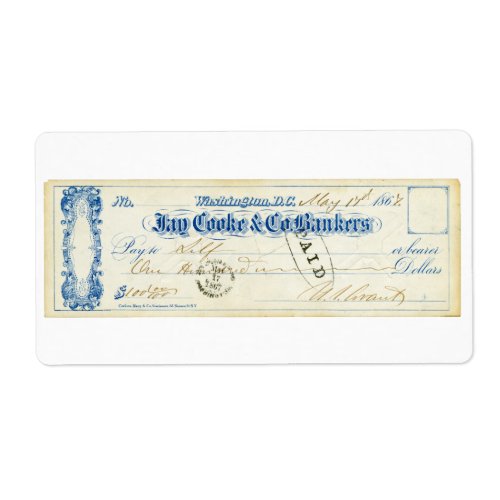Ulysses S Grant Signed Check from May 17th 1867 Label