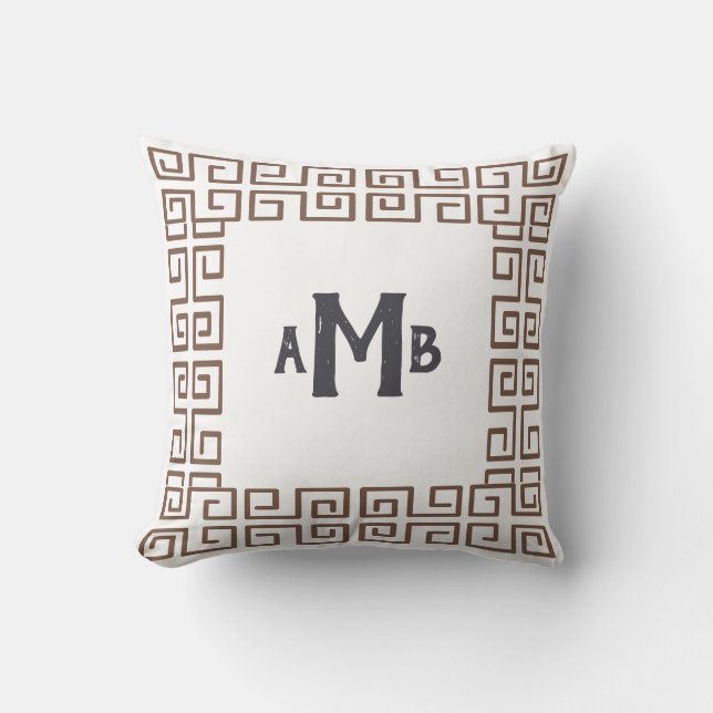 Umber Brown Chinoiserie Greek Key Border Monogram Throw Pillow (Front)