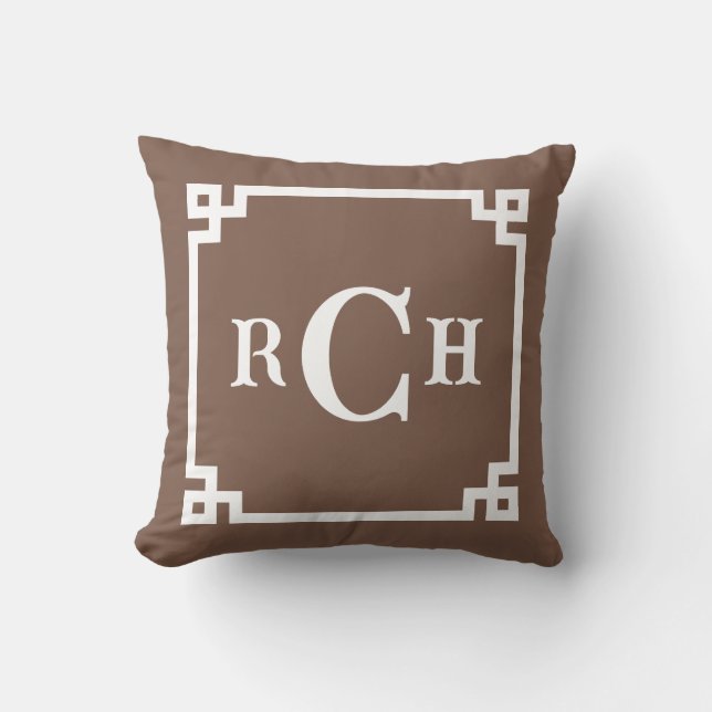 Umber Brown Reverse Chinoiserie Greek Key Monogram Throw Pillow (Front)