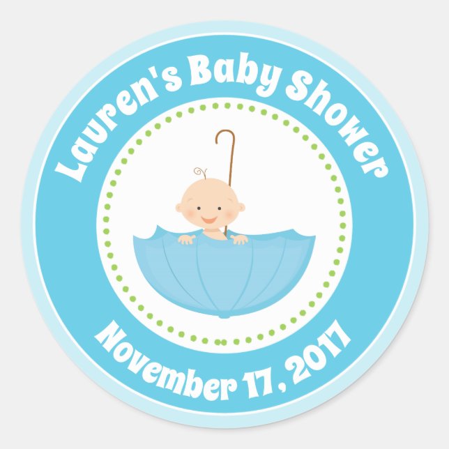 Umbrella Baby Shower Favor Stickers Blue Baby Boy (Front)