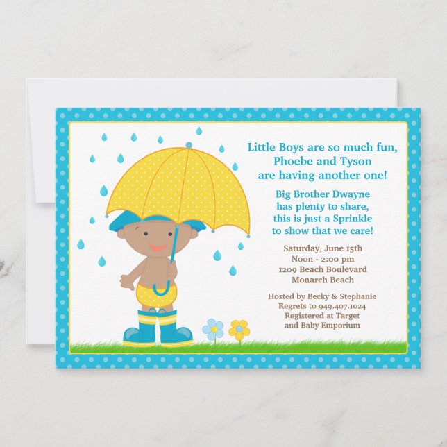 Umbrella Baby Sprinkle Shower African American Boy Invitation (Front)
