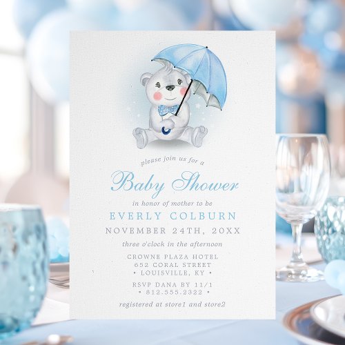 Umbrella Bear Boy Baby Shower Invitation