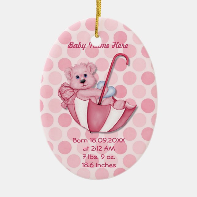 Umbrella Bear - Pink - Personalize Ceramic Ornament (Front)