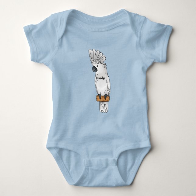 Umbrella cockatoo bird cartoon illustration  baby bodysuit (Front)