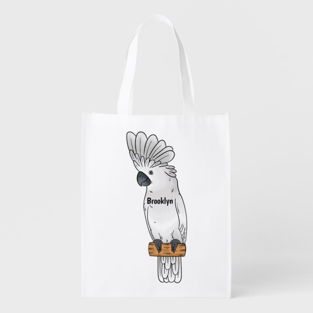 Umbrella cockatoo bird cartoon illustration grocery bag (Front)