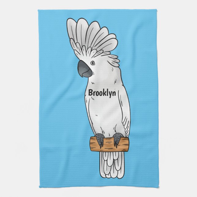 Umbrella cockatoo bird cartoon illustration kitchen towel (Vertical)