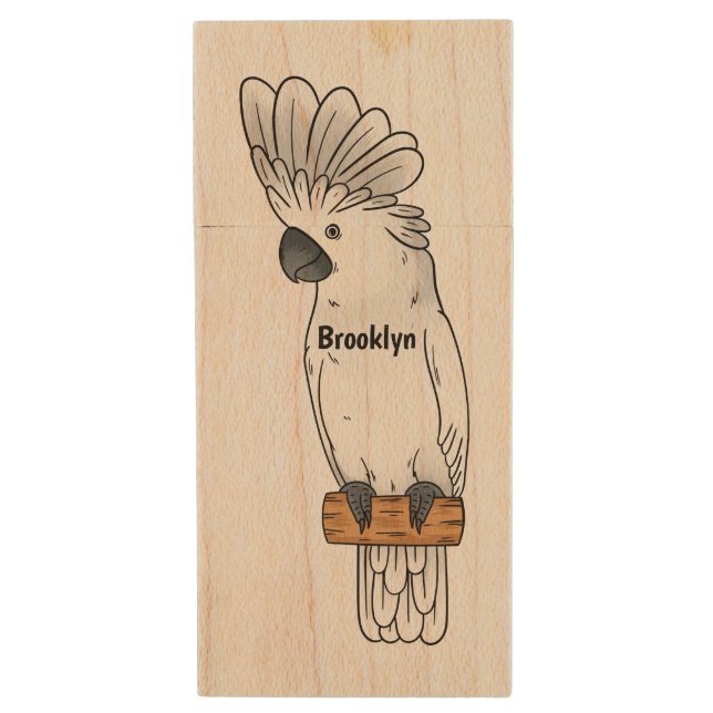 Umbrella cockatoo bird cartoon illustration wood flash drive (Front Vertical)