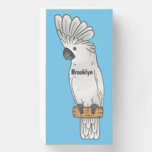 Umbrella cockatoo bird cartoon illustration wooden box sign