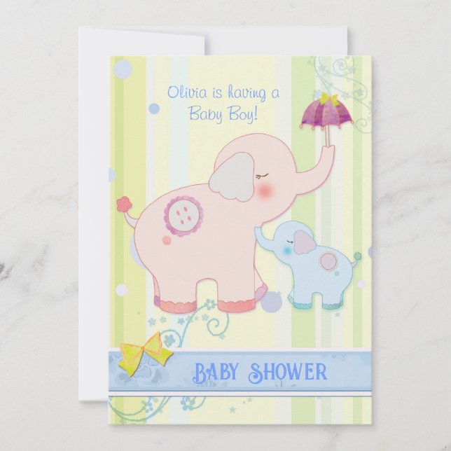 Umbrella Elephants Baby Boy Baby Shower Invitation (Front)