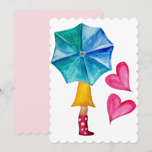 Umbrella Girl Watercolor Hearts Holiday Card (Front/Back)