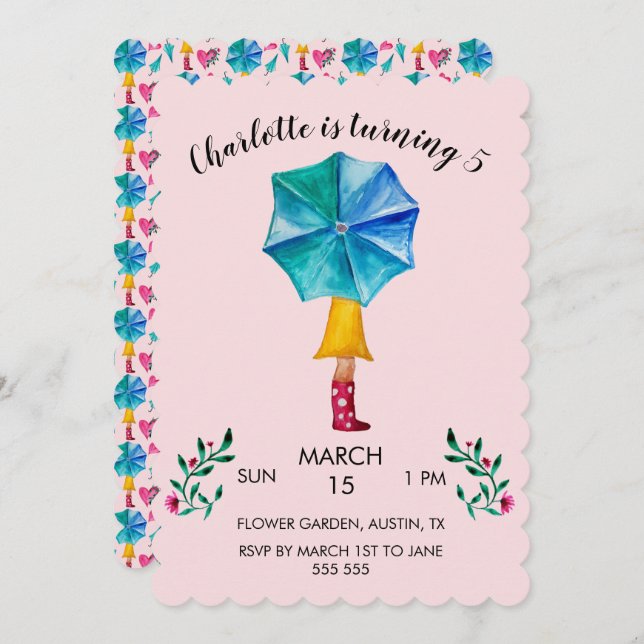 Umbrella Girl Watercolor Hearts Holiday Card (Front/Back)