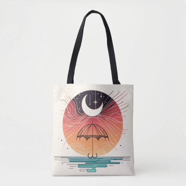 Umbrella Holding Moon and Falling Stars Tote Bag (Front)