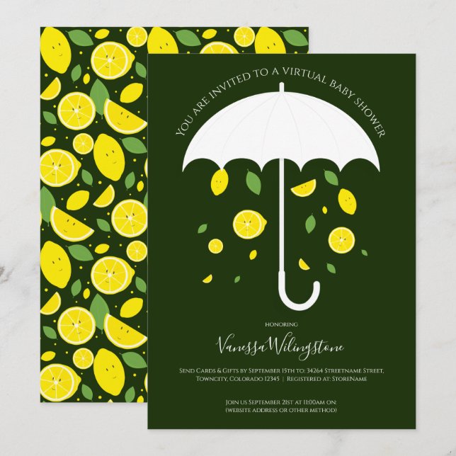 Umbrella Lemons Green Cartoon Virtual Baby Shower Invitation (Front/Back)