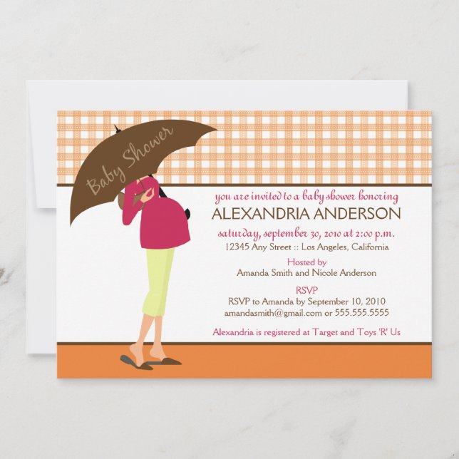 Umbrella Mommy Gingham Baby Shower Invite (orange) (Front)