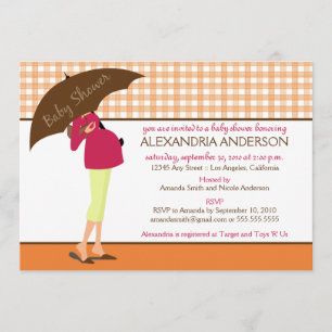 Umbrella Mommy Gingham Baby Shower Invite (orange)