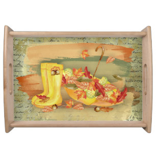 Umbrella, Rain Boots With Orange Leaves Fall Serving Tray