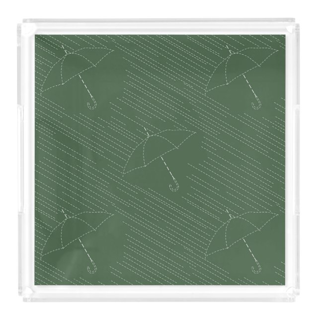 Umbrella Rain Faux Embroidery Stitches Green Acrylic Tray (Front)