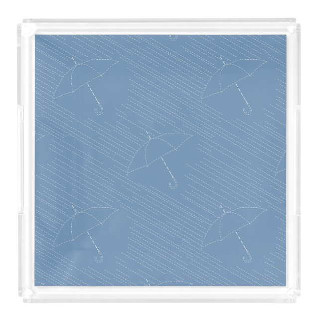 Umbrella Rain Faux Embroidery Stitches Pale Blue Acrylic Tray (Front)