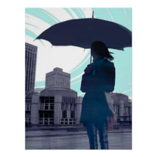 Umbrella Silhouette in the Rain Wall Art Poster