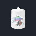 Umbrella Sloth Teapot<br><div class="desc">A cute three toed sloth floating away with a rainbow umbrella, or parasol. There are white fluffy clouds in the background.</div>