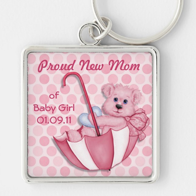 Umbrella Teddy Bear - New Mom of Girl - Customize Keychain (Front)