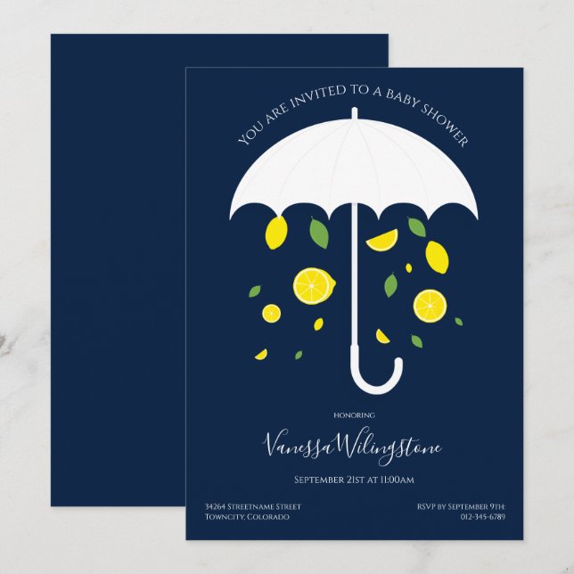 Umbrella White Blue Lemons Baby Shower Invitation (Front/Back)