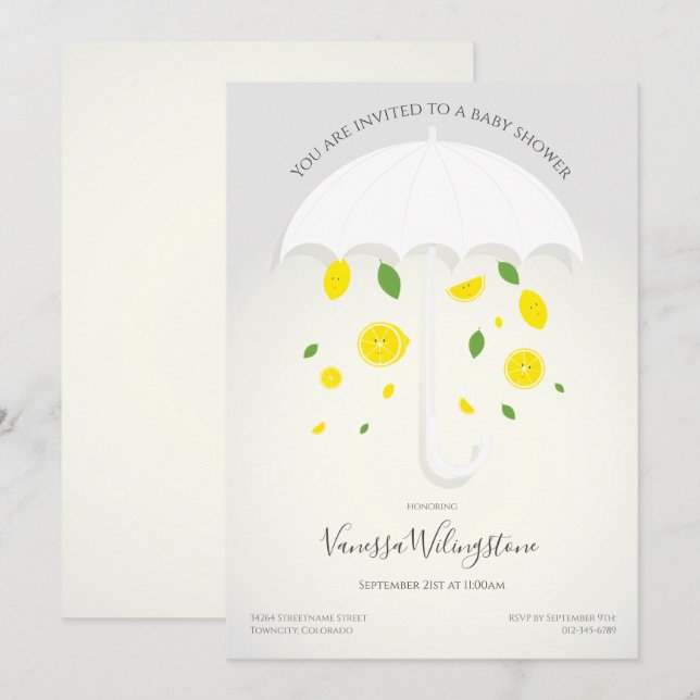 Umbrella White Gray Lemons Cartoon Baby Shower Invitation (Front/Back)