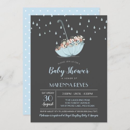Umbrella with Flowers Boy or Neutral Baby Shower Invitation