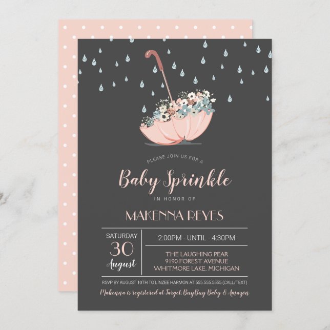 Umbrella with Flowers Girl or Twins Baby Sprinkle Invitation (Front/Back)