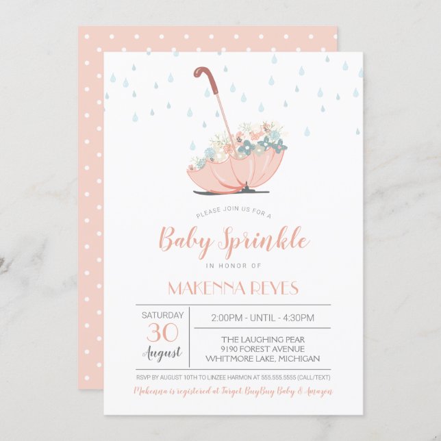 Umbrella with Flowers Girl or Twins Baby Sprinkle Invitation (Front/Back)