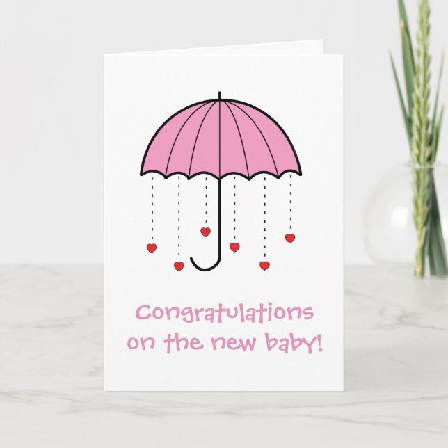Umbrella with Hearts (Pink) - Congrats New Baby Card (Front)