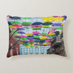 Umbrellas Above San Juan Streets and Mansion Accent Pillow