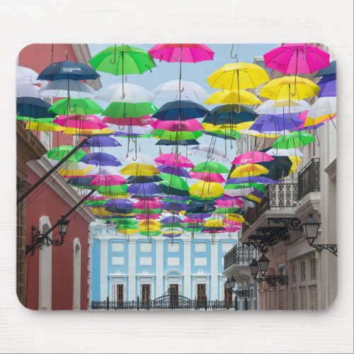 Umbrellas Above San Juan Streets and Mansion Mouse Pad