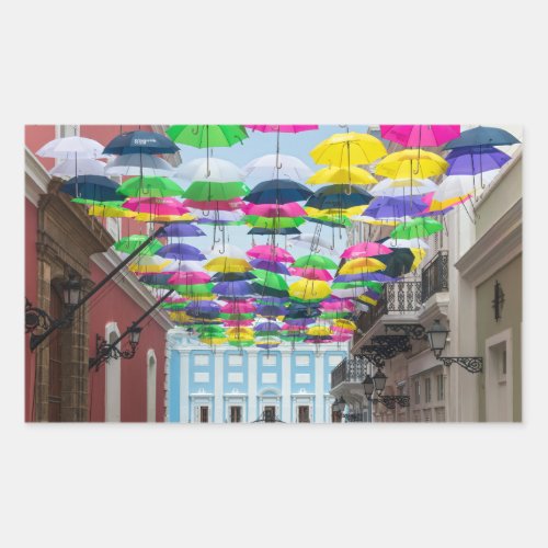 Umbrellas Above San Juan Streets and Mansion Rectangular Sticker