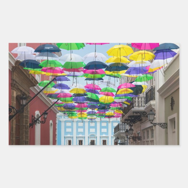 Umbrellas Above San Juan Streets and Mansion Rectangular Sticker (Front)