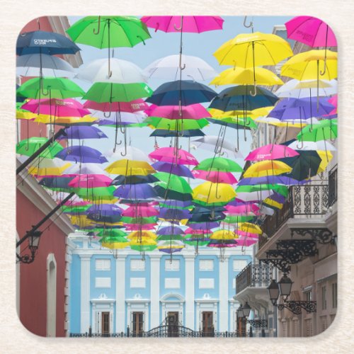 Umbrellas Above San Juan Streets and Mansion Square Paper Coaster