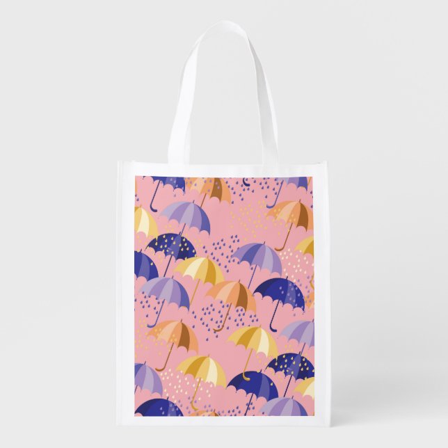 Umbrellas, drops, colorful seamless motif. grocery bag (Front)