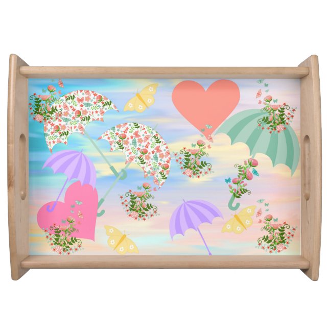Umbrellas Hearts Flowers & Butterflies Serving Tray (Front)