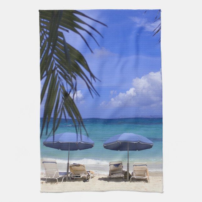 umbrellas on beach, St. Maarten, Caribbean Towel (Vertical)