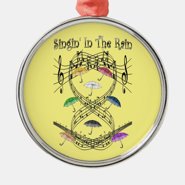 Umbrellas ~ Singin’ In The Rain ~ Musical Scale ~ Metal Ornament (Front)