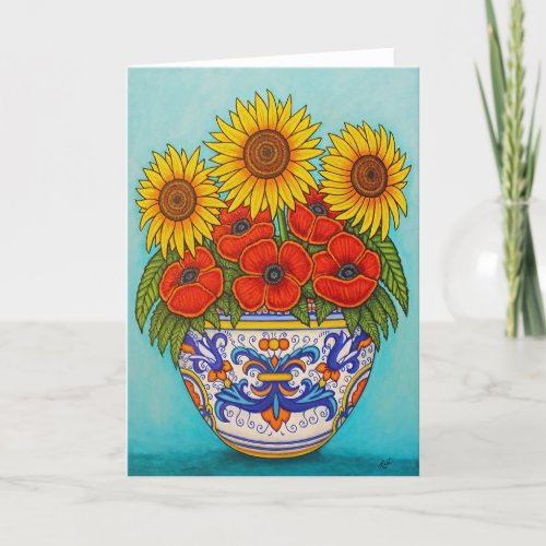 Umbria Bouquet Poppy Sunflower Greeting Card