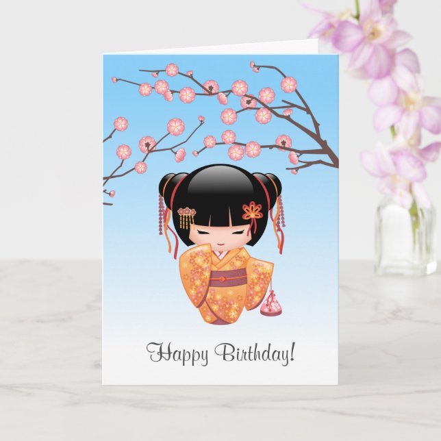 Ume Kokeshi Doll — Japanese Geisha Blue Birthday Card (Orchid)