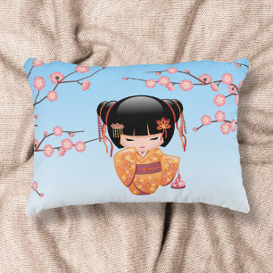 Ume Kokeshi Doll - Japanese Geisha Girl Blue Accent Pillow