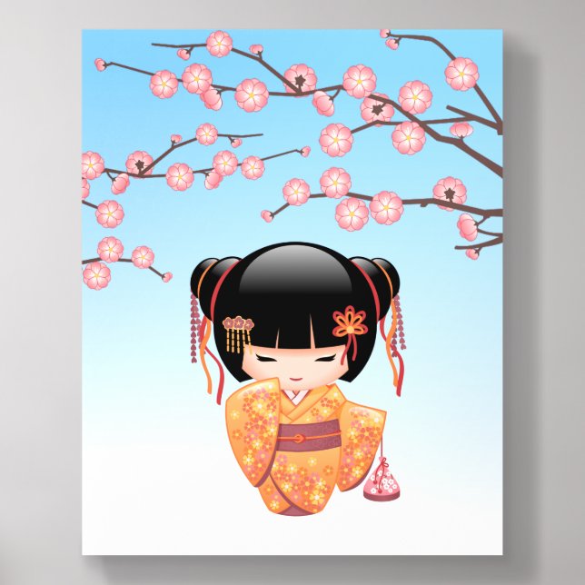 Ume Kokeshi Doll Japanese Geisha Girl Blue Acrylic Photo Tile (Front Set)