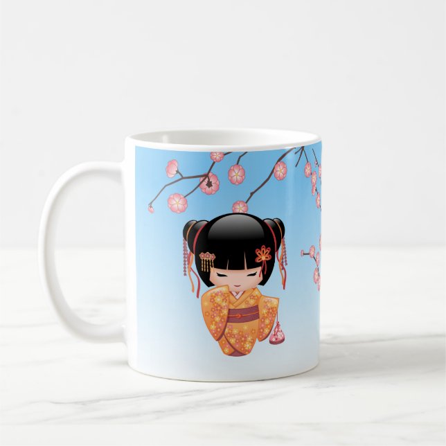 Ume Kokeshi Doll - Japanese Geisha Girl Blue Coffee Mug (Left)