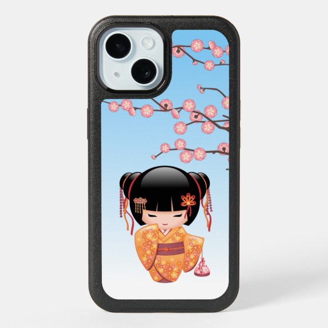 Ume Kokeshi Doll - Japanese Geisha Girl Blue iPhone 15 Case (Back)