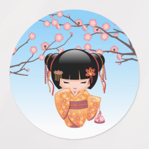 Ume Kokeshi Doll - Japanese Geisha Girl Blue Kids' Labels