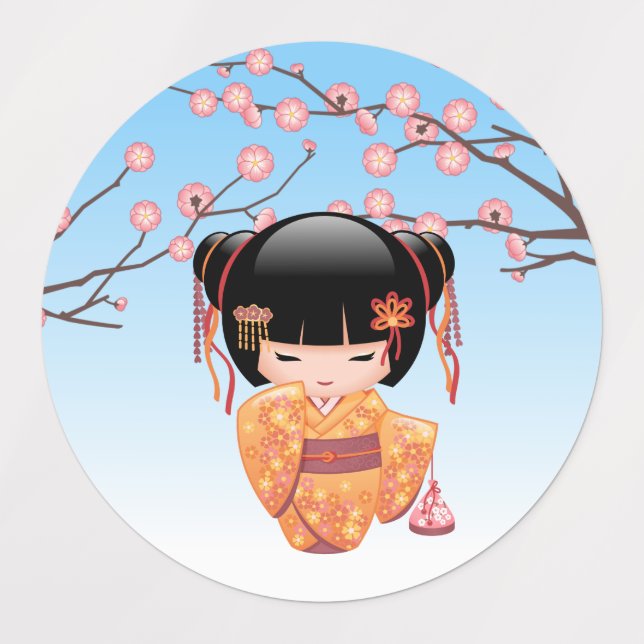 Ume Kokeshi Doll - Japanese Geisha Girl Blue Kids' Labels (Design 1)